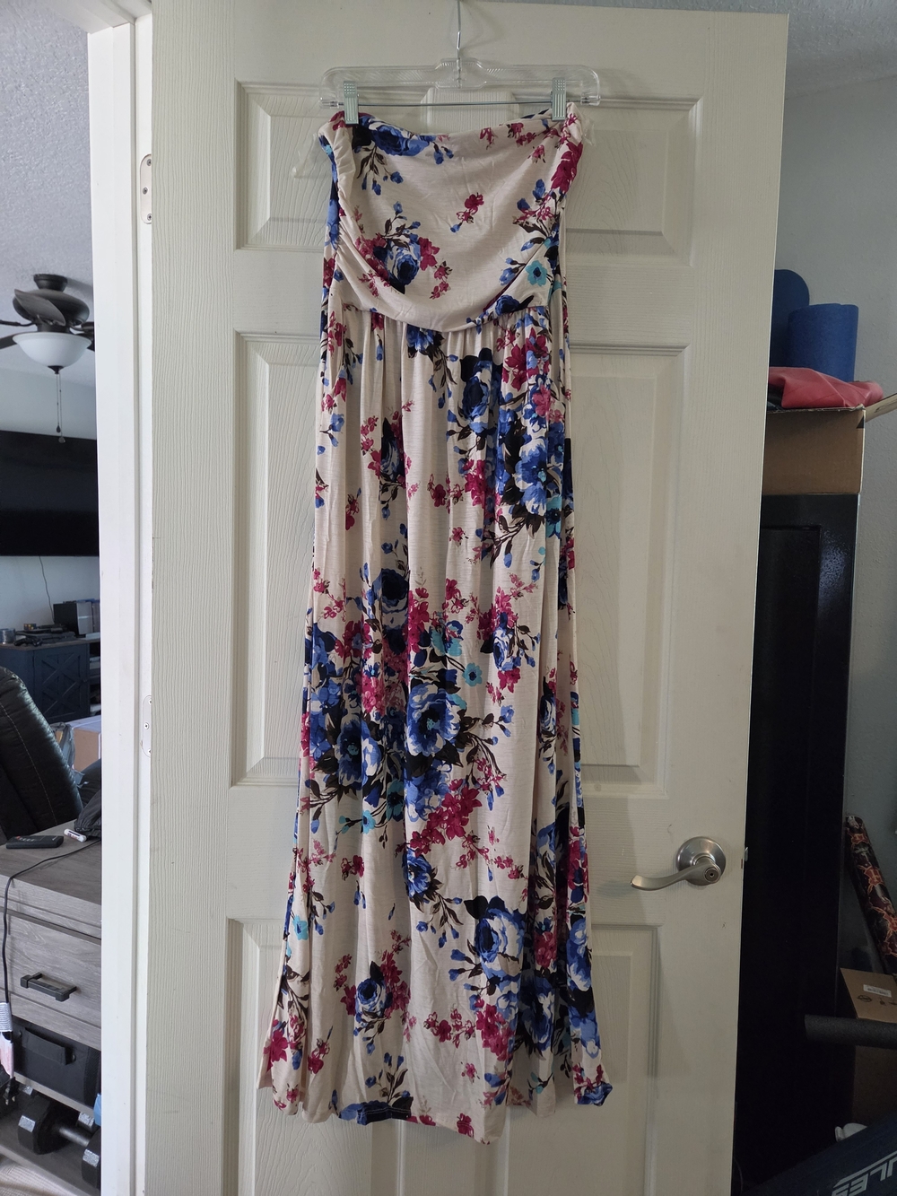 Beige Floral Strapless Maxi Dress with Blue & Pink Blooms